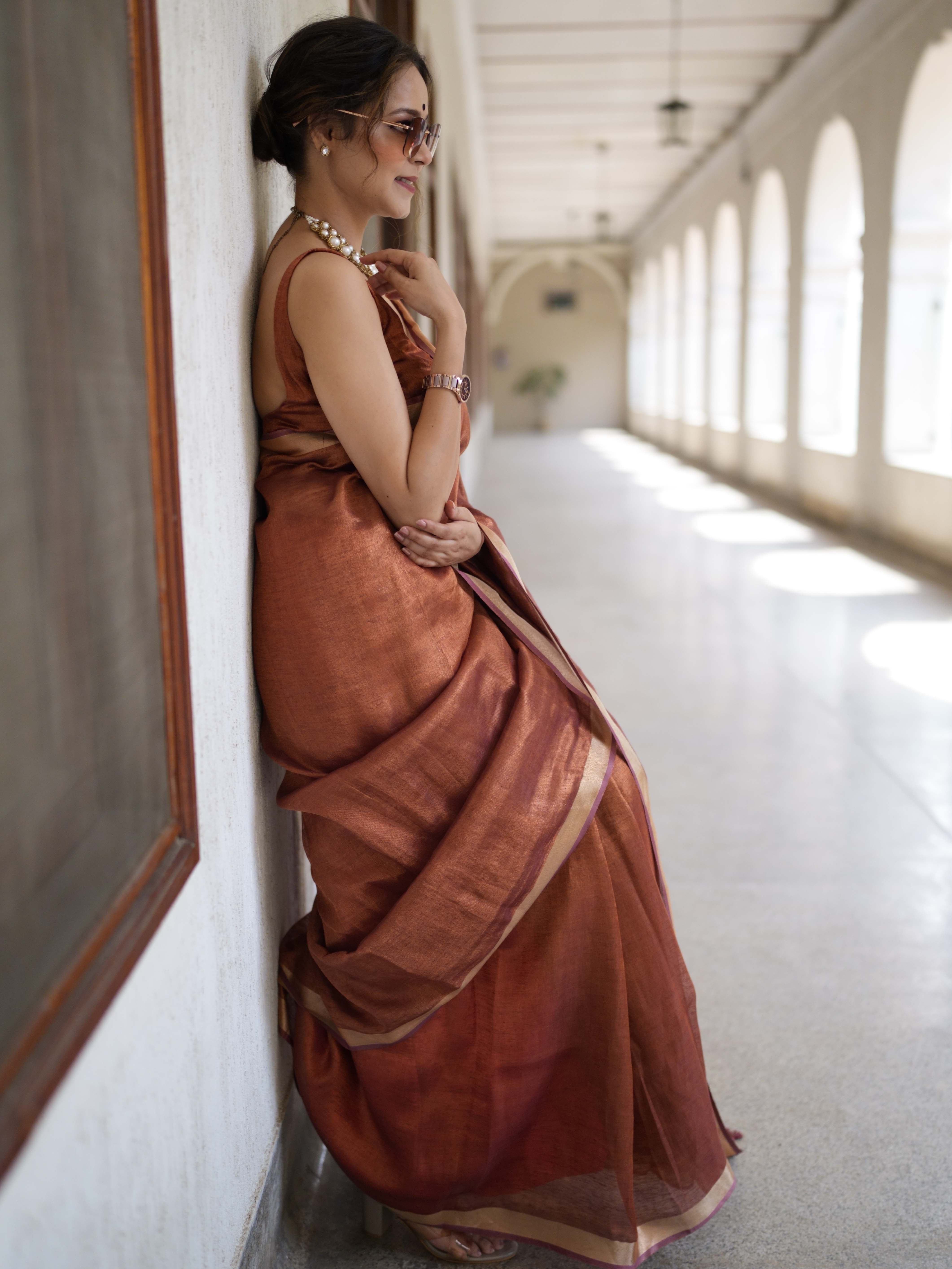 Banarasee Handloom Linen By Tissue Metallic Shine Saree-Brown