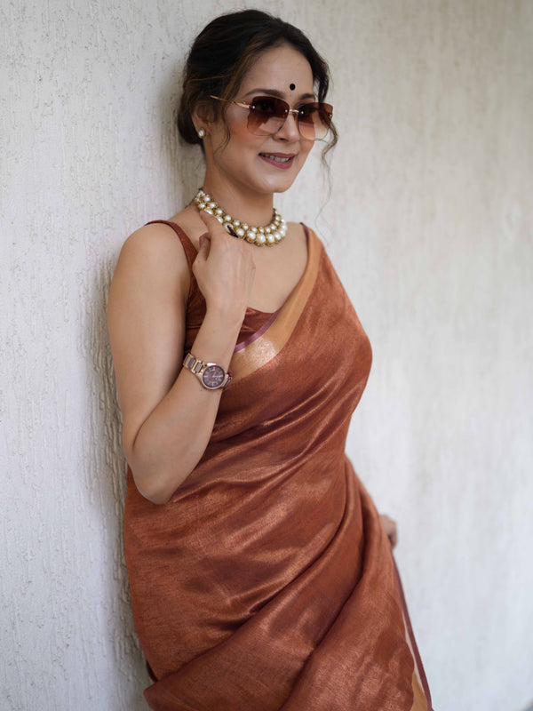 Banarasee Handloom Linen By Tissue Metallic Shine Saree-Brown