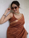 Banarasee Handloom Linen By Tissue Metallic Shine Saree-Brown