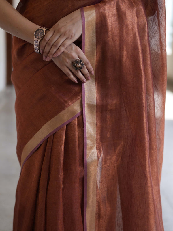 Banarasee Handloom Linen By Tissue Metallic Shine Saree-Brown