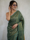 Banarasee Handloom Linen Saree With Mirror Work-Green