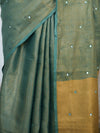 Banarasee Handloom Linen Saree With Mirror Work-Green