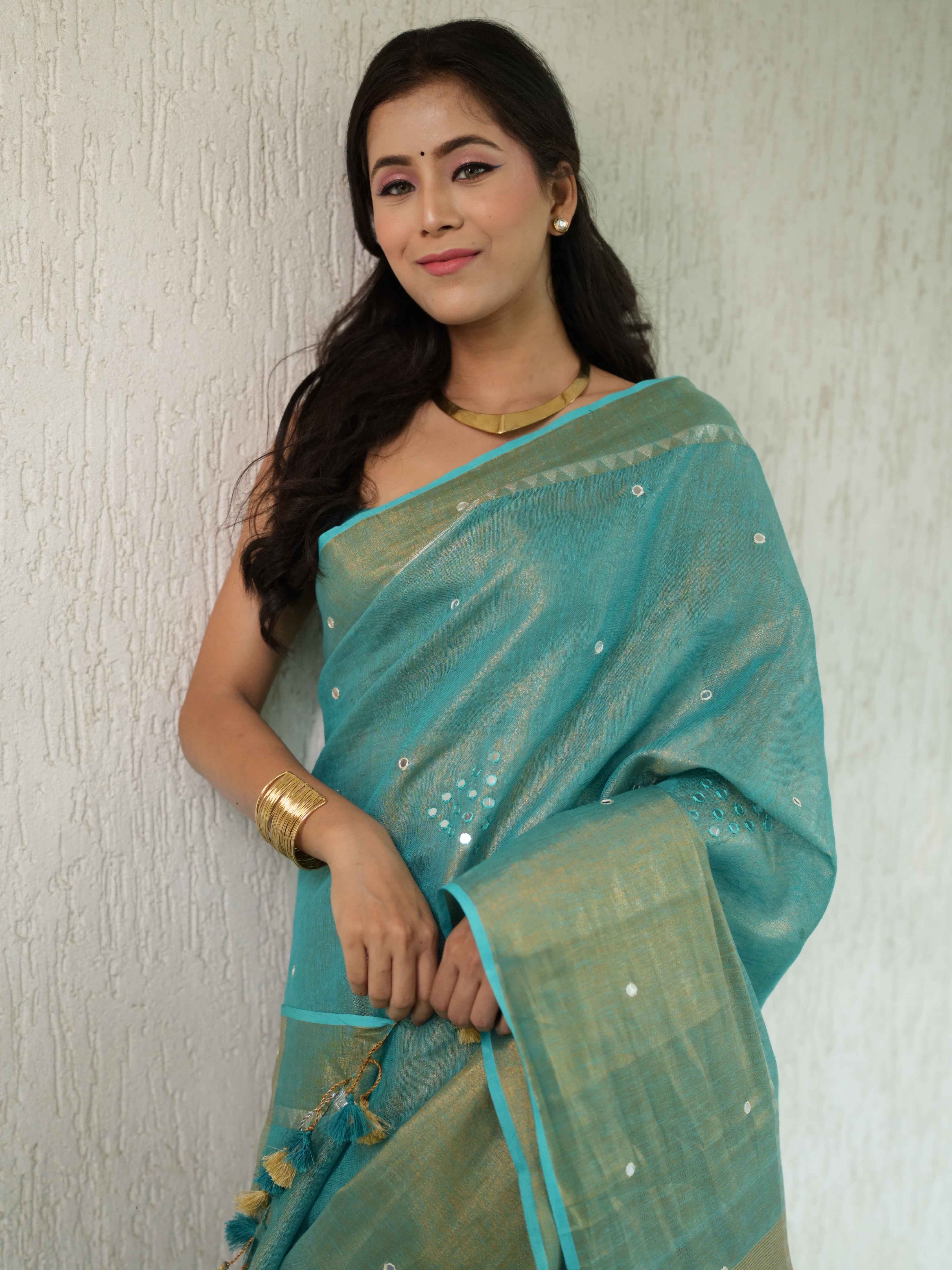 Banarasee Handloom Linen Saree With Mirror Work-Green