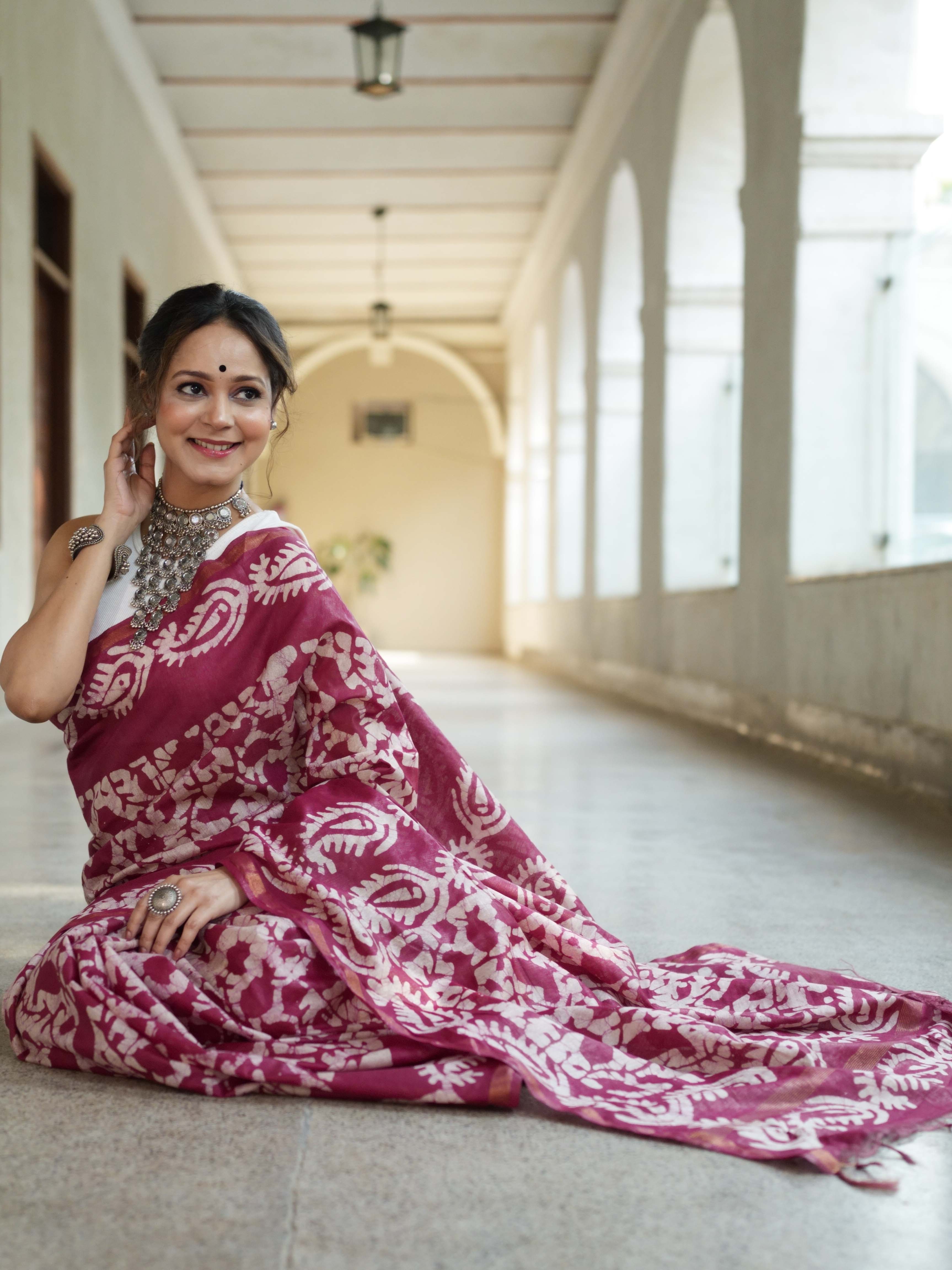 Bhagalpur Handloom Pure Linen Cotton Batik Pattern Saree-Magenta