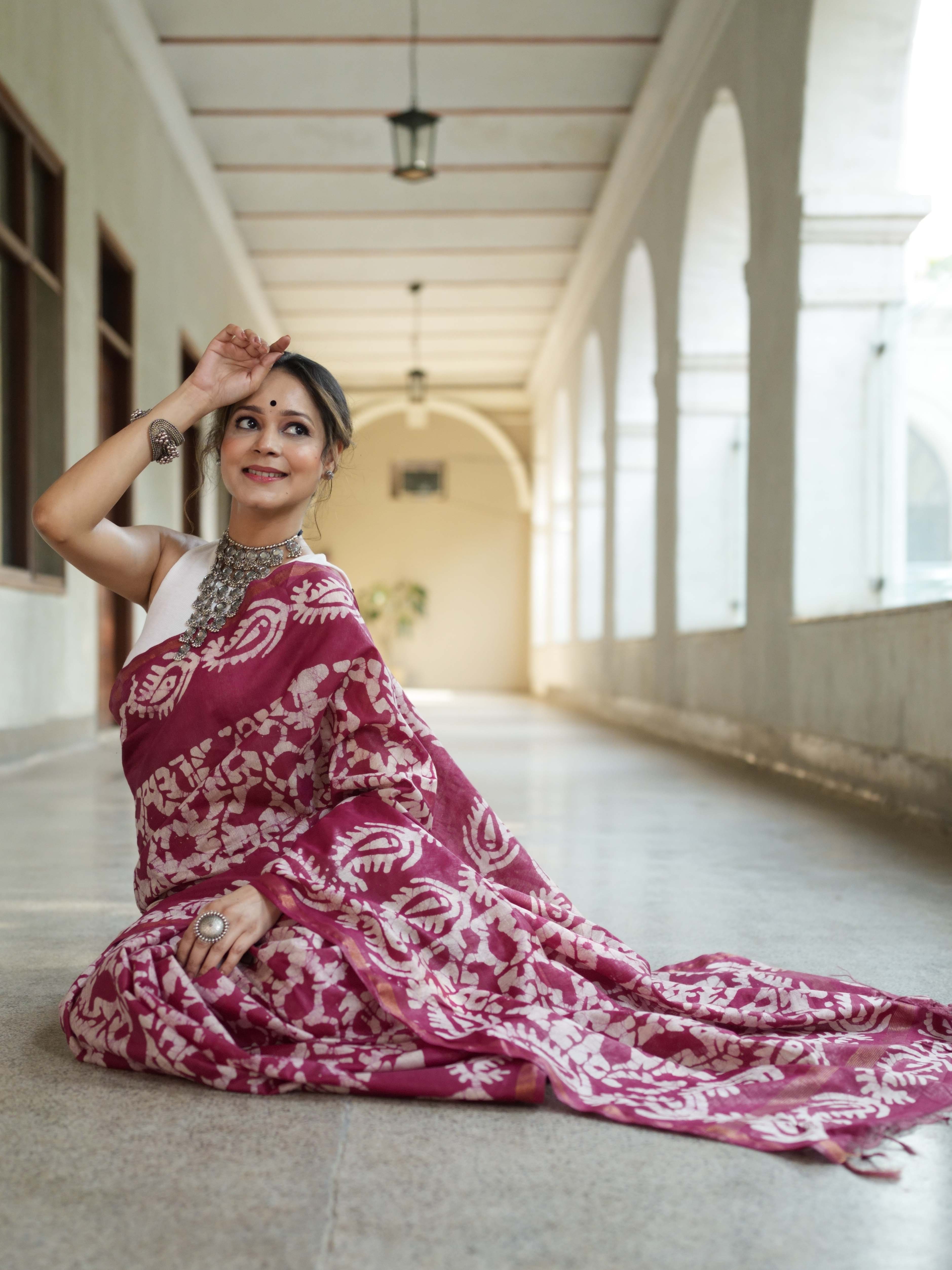 Bhagalpur Handloom Pure Linen Cotton Batik Pattern Saree-Magenta