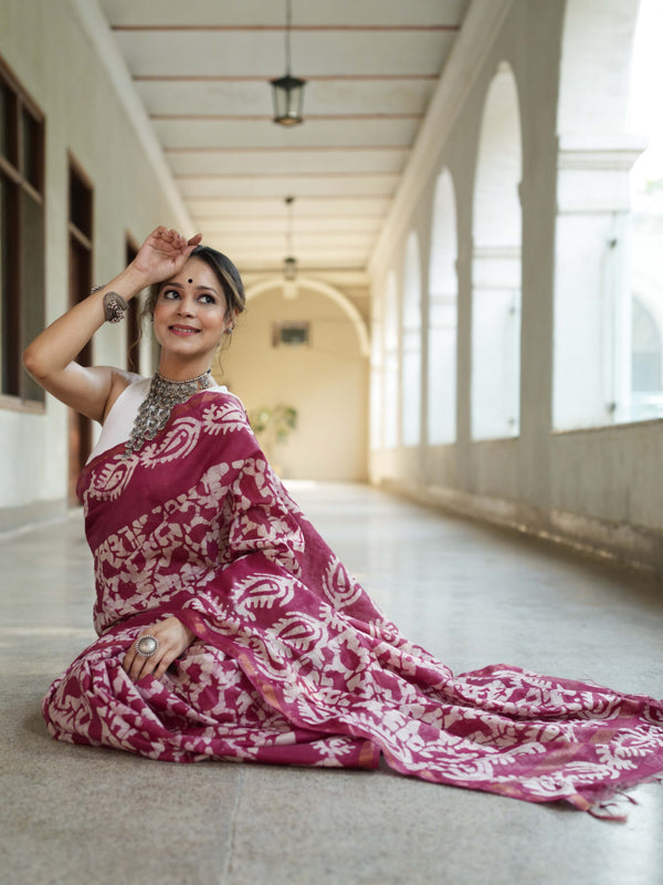 Bhagalpur Handloom Pure Linen Cotton Batik Pattern Saree-Magenta