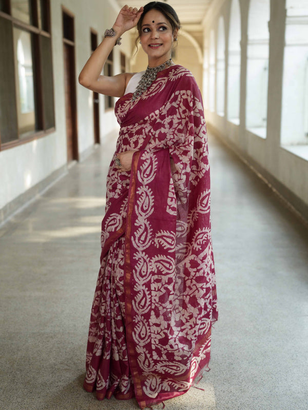 Bhagalpur Handloom Pure Linen Cotton Batik Pattern Saree-Magenta