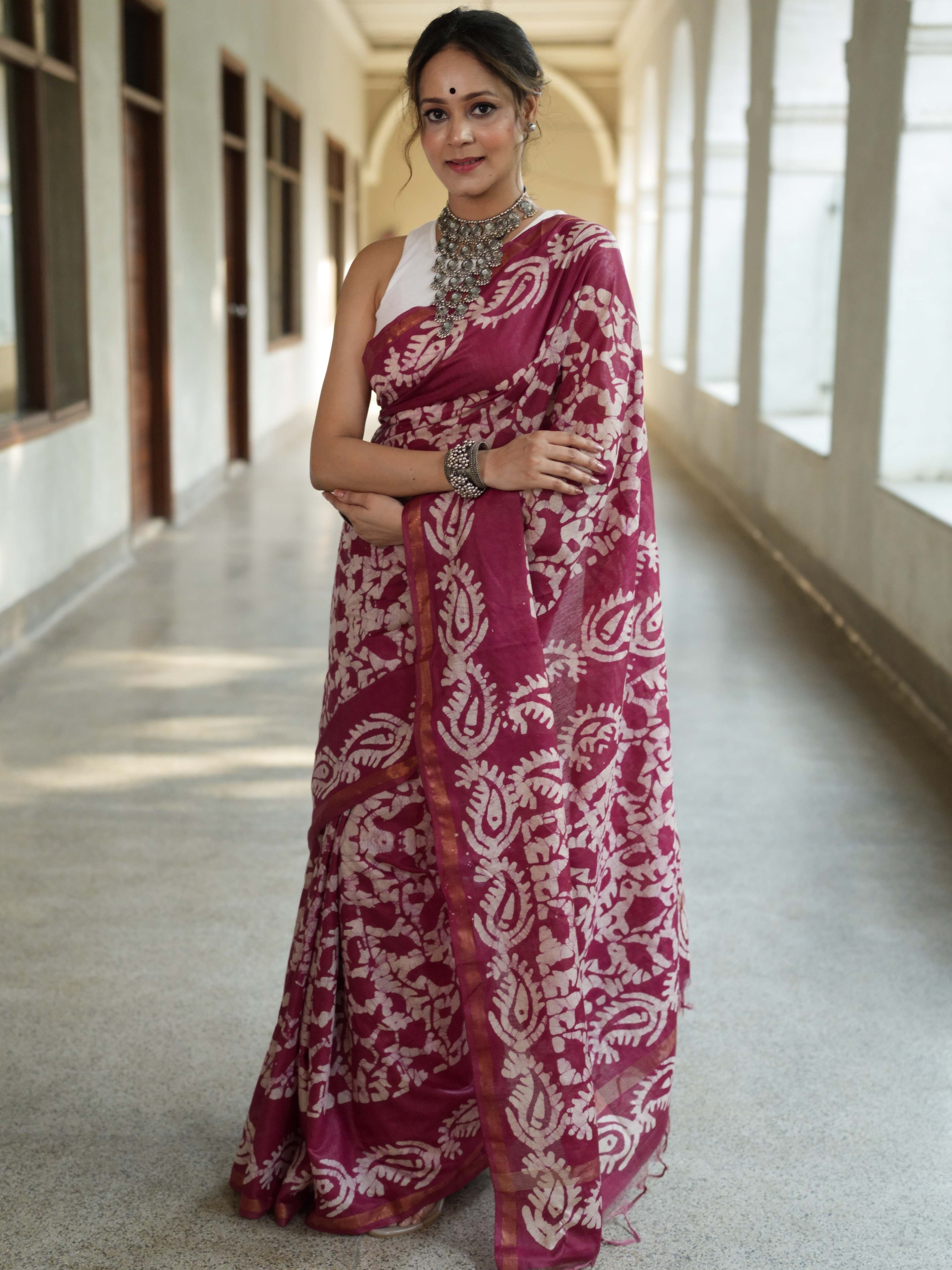 Bhagalpur Handloom Pure Linen Cotton Batik Pattern Saree-Magenta