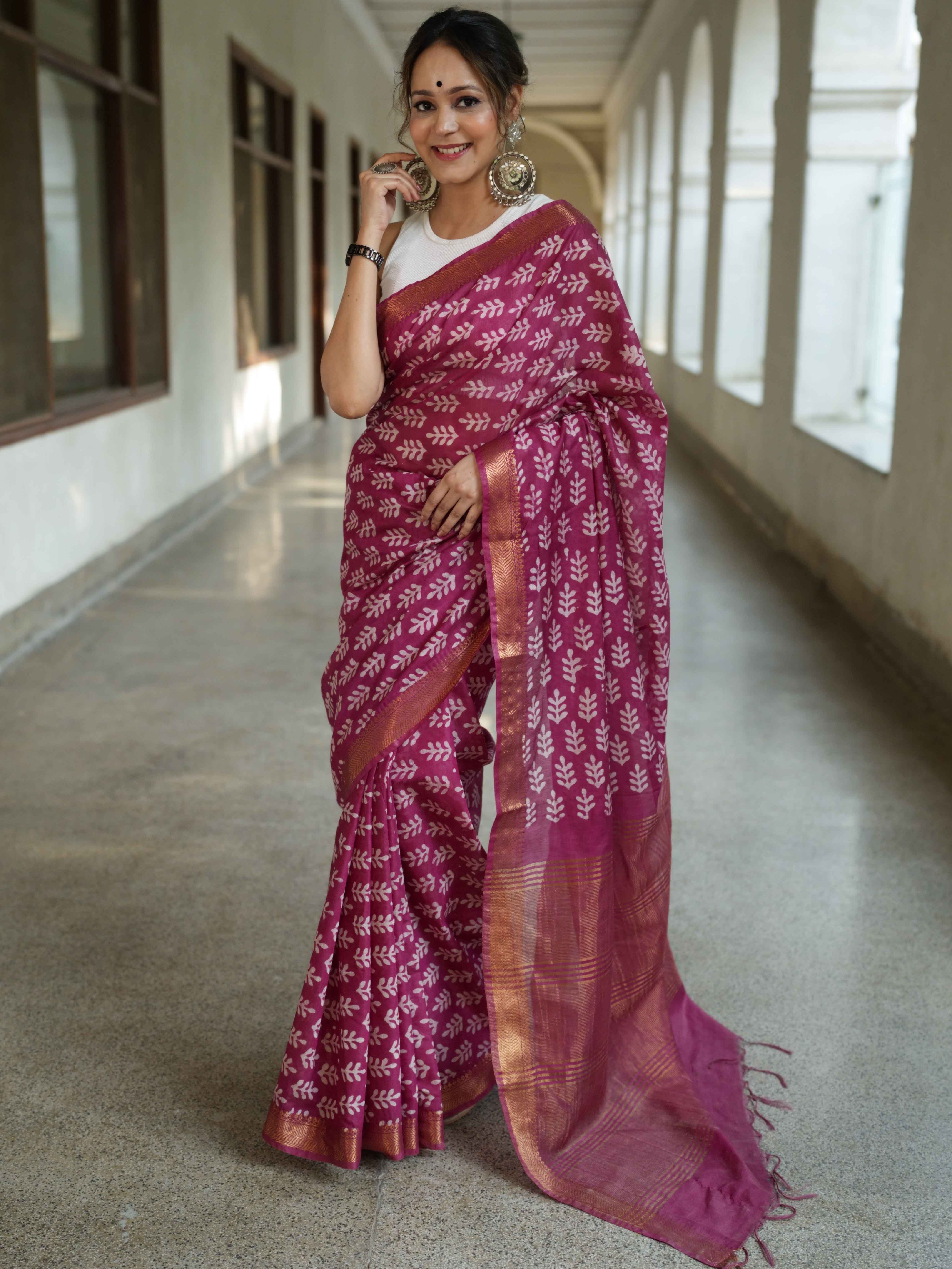 Bhagalpur Handloom Pure Linen Cotton Batik Pattern Saree-Magenta