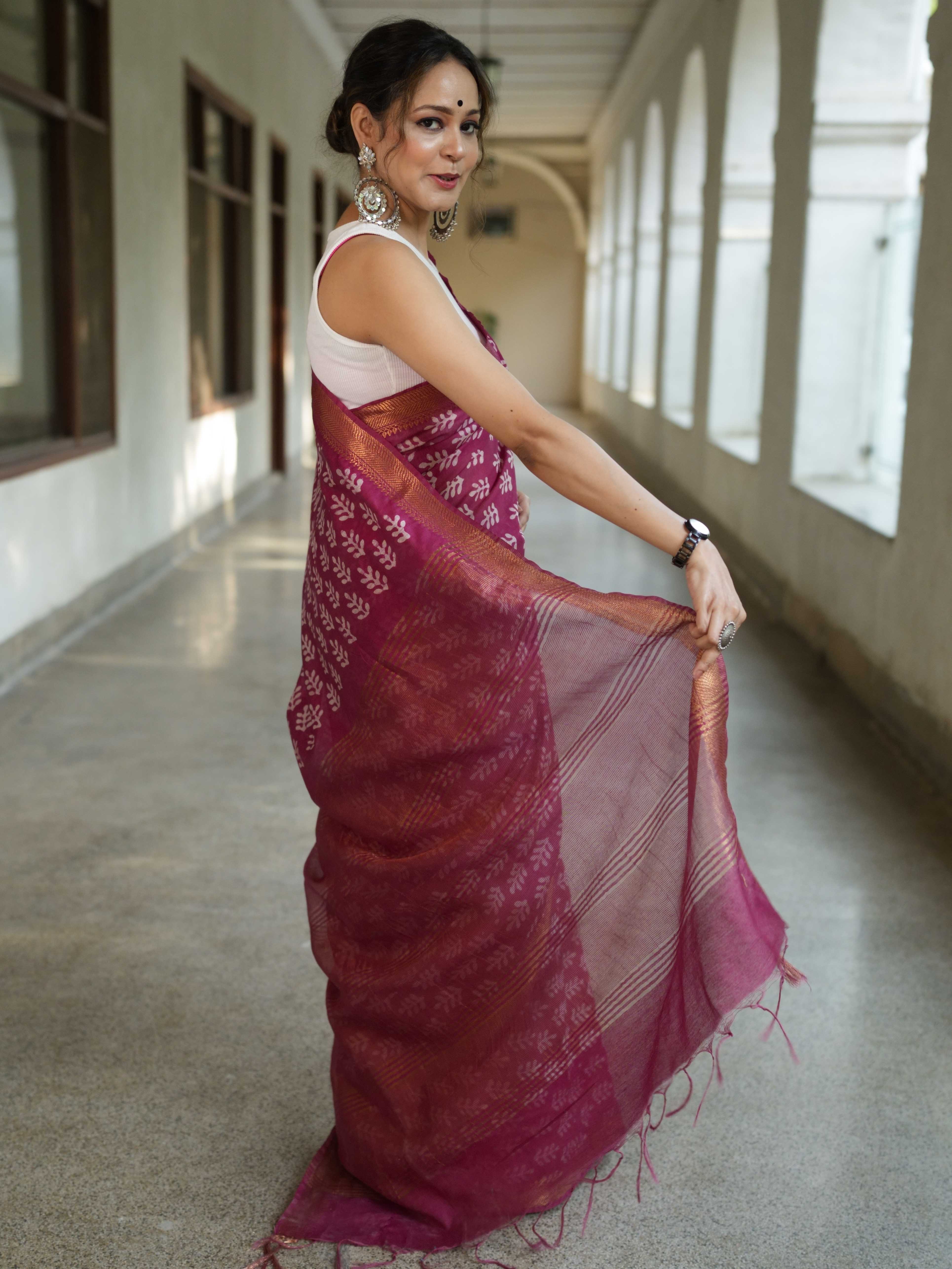 Bhagalpur Handloom Pure Linen Cotton Batik Pattern Saree-Magenta