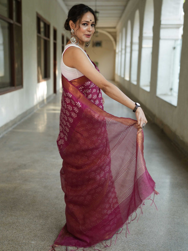 Bhagalpur Handloom Pure Linen Cotton Batik Pattern Saree-Magenta