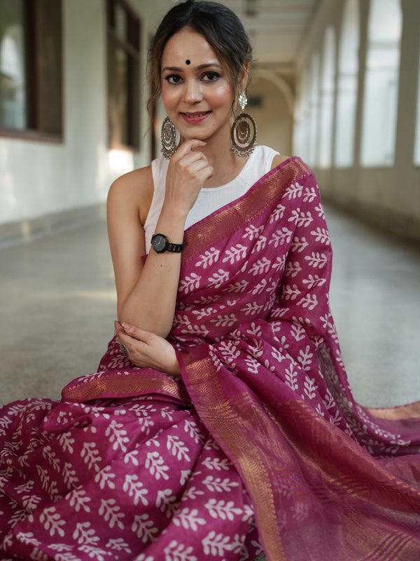 Bhagalpur Handloom Pure Linen Cotton Batik Pattern Saree-Magenta