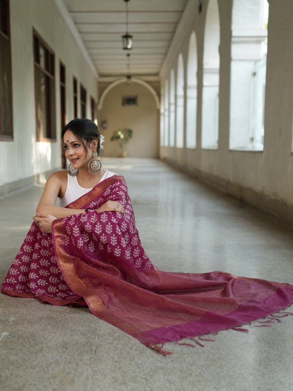 Bhagalpur Handloom Pure Linen Cotton Batik Pattern Saree-Magenta