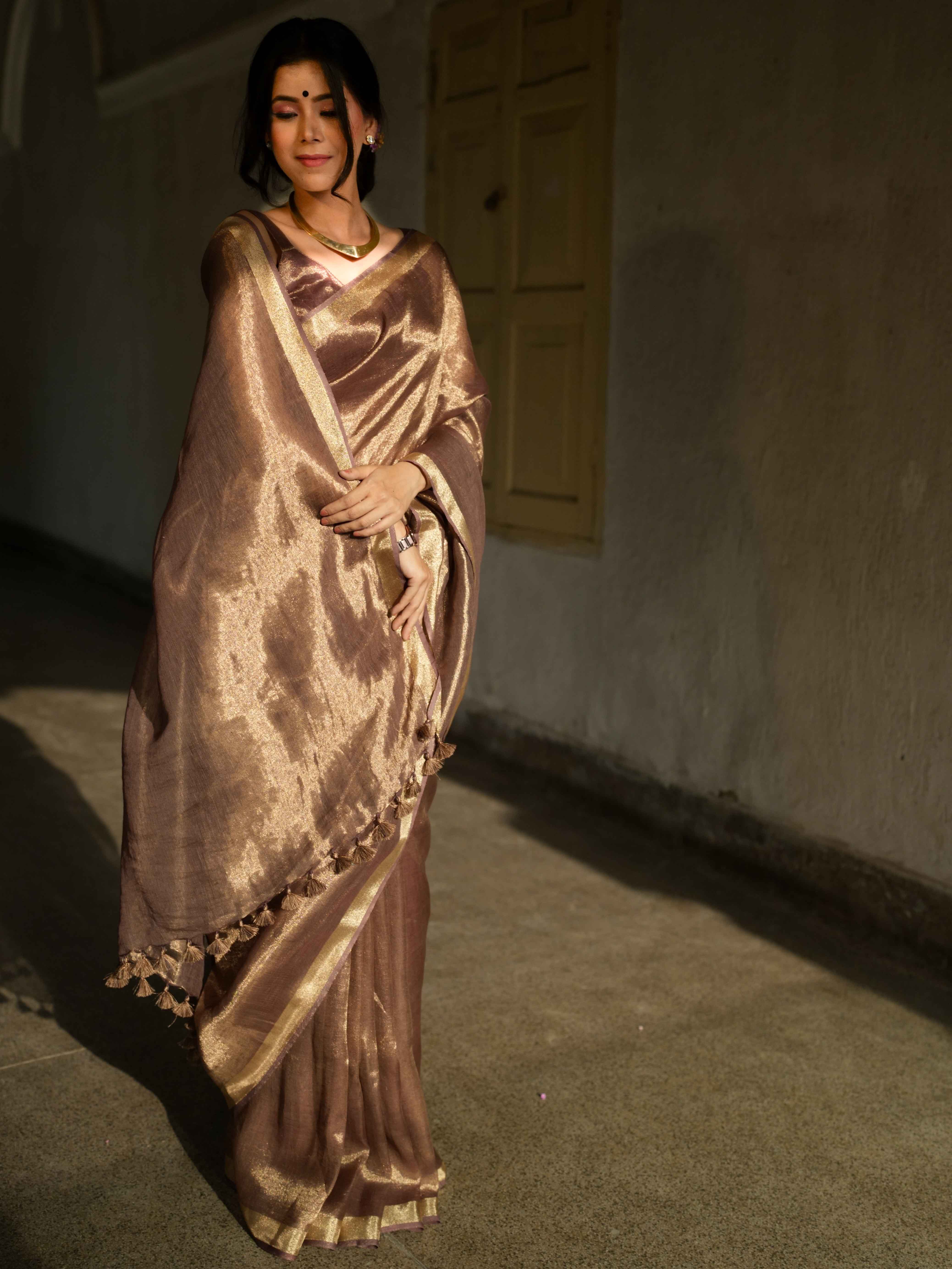 Banarasee Handloom Linen By Tissue Metallic Shine Saree-Earthy Brown