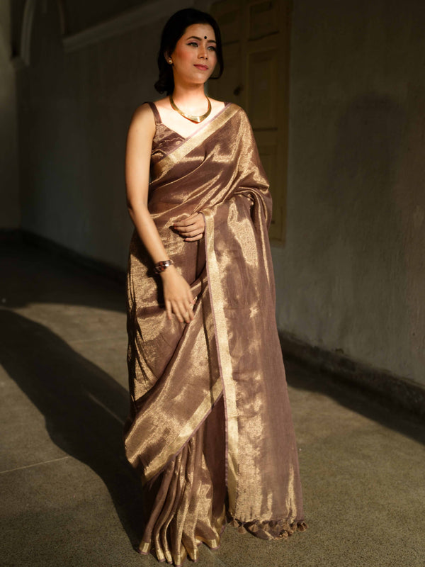 Banarasee Handloom Linen By Tissue Metallic Shine Saree-Earthy Brown