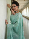 Banarasee Handloom Linen Saree With Mirror Work-Sea Green