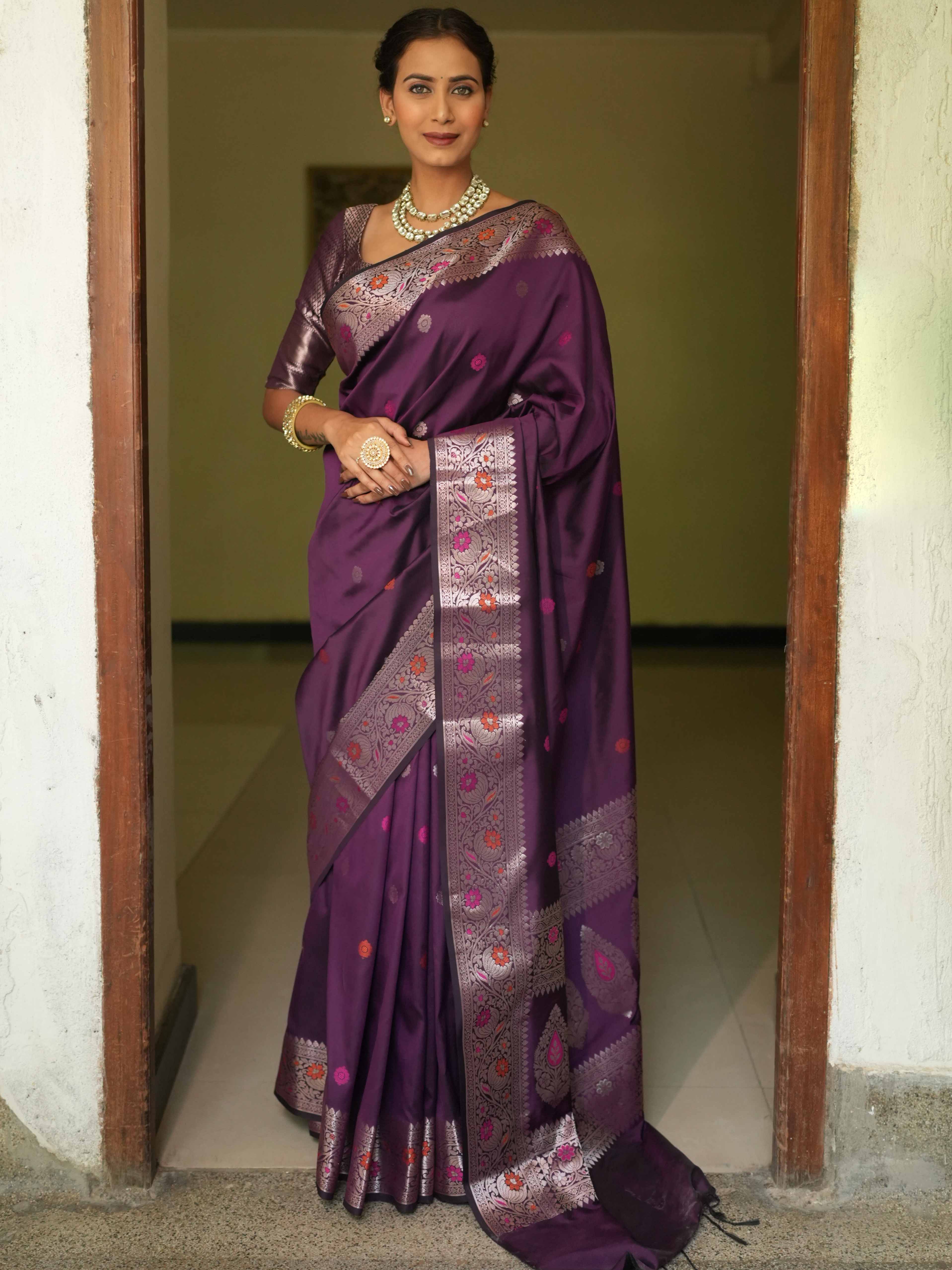 Banarasee Handwoven Semi Silk Saree With Zari Buti Design-Violet