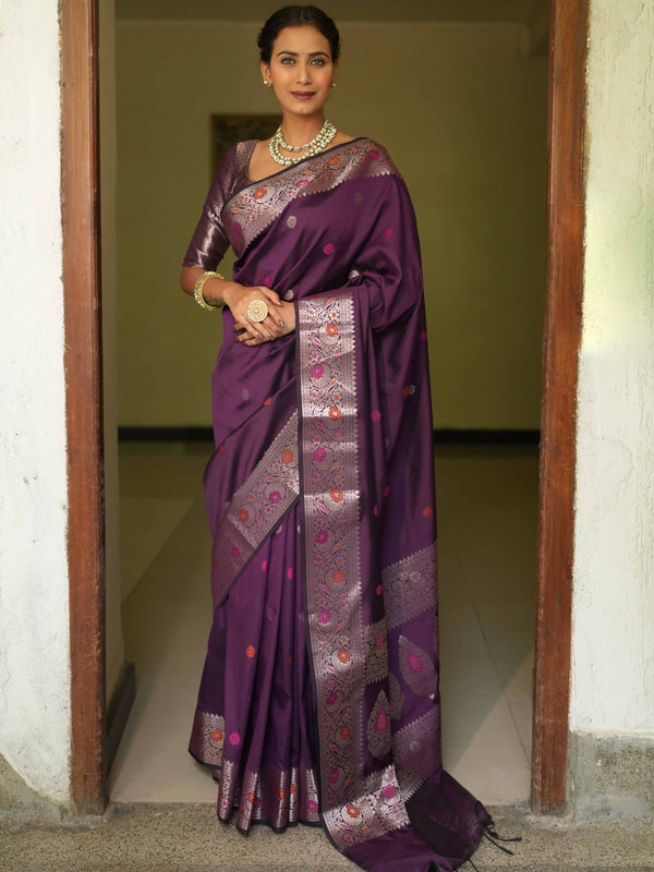 Banarasee Handwoven Semi Silk Saree With Zari Buti Design-Violet