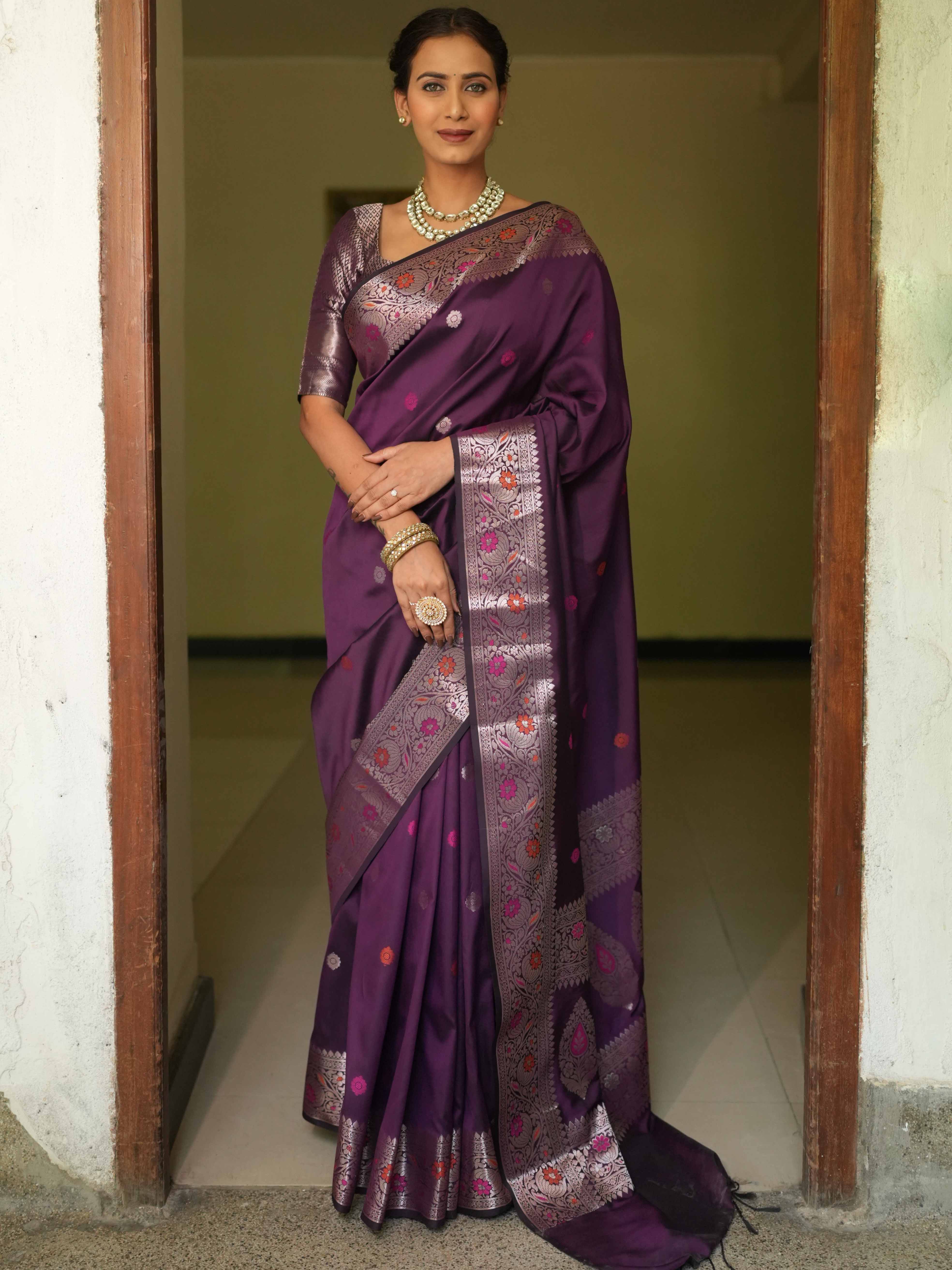 Banarasee Handwoven Semi Silk Saree With Zari Buti Design-Violet