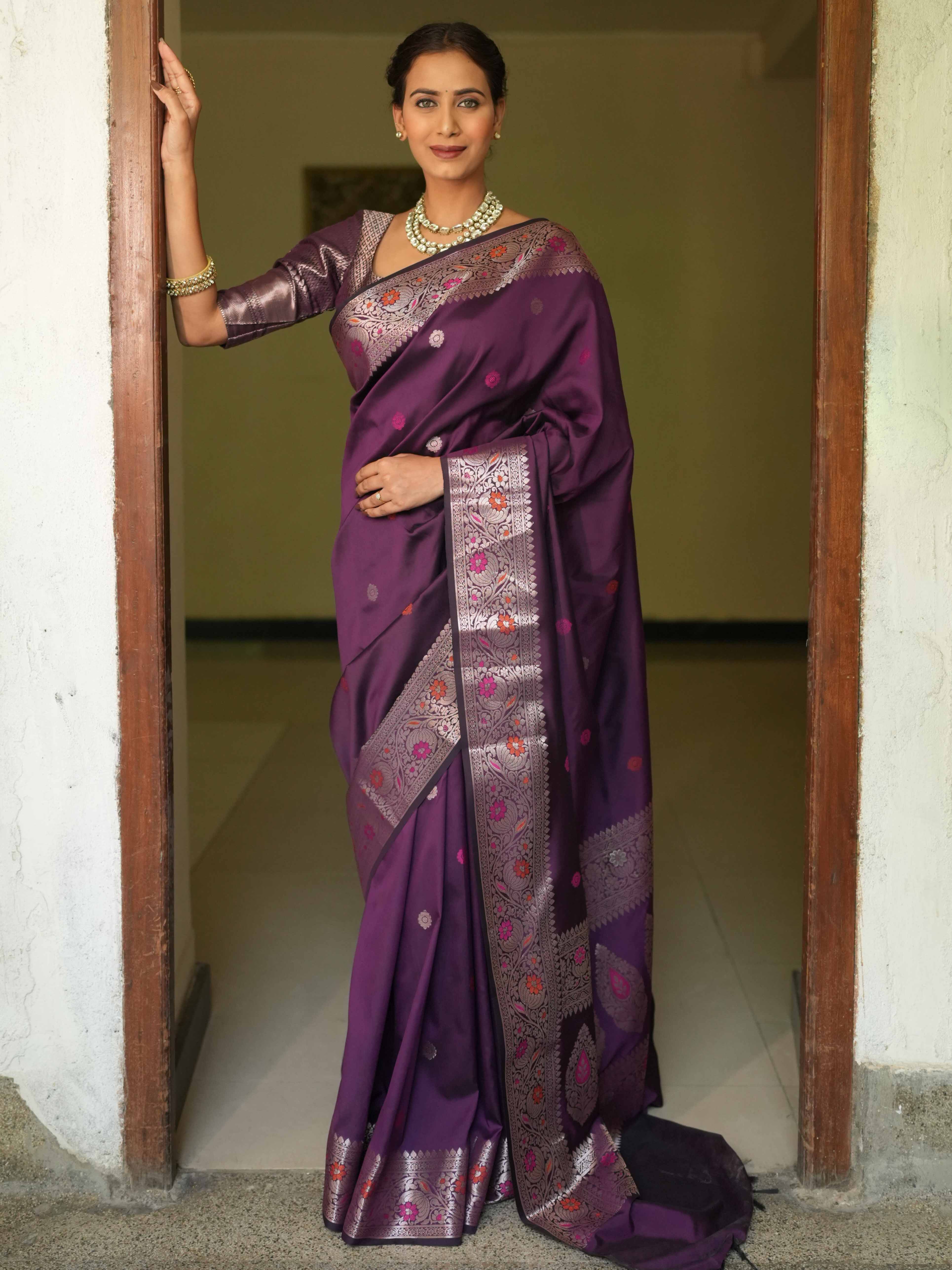 Banarasee Handwoven Semi Silk Saree With Zari Buti Design-Violet