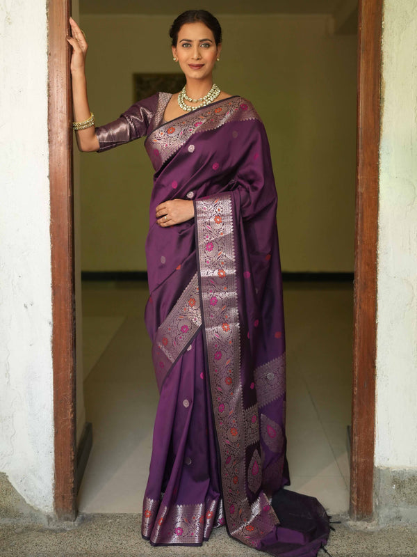 Banarasee Handwoven Semi Silk Saree With Zari Buti Design-Violet