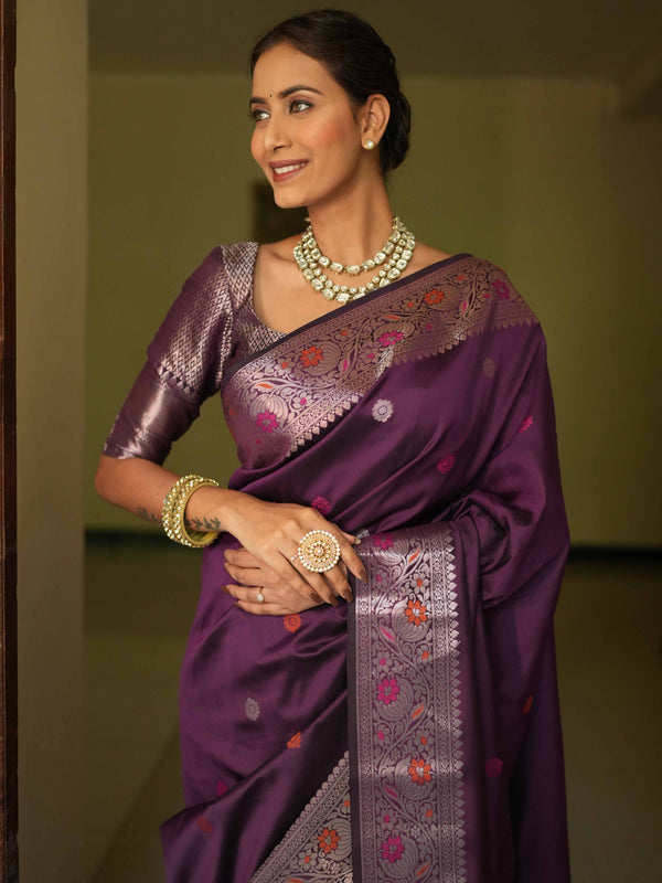 Banarasee Handwoven Semi Silk Saree With Zari Buti Design-Violet