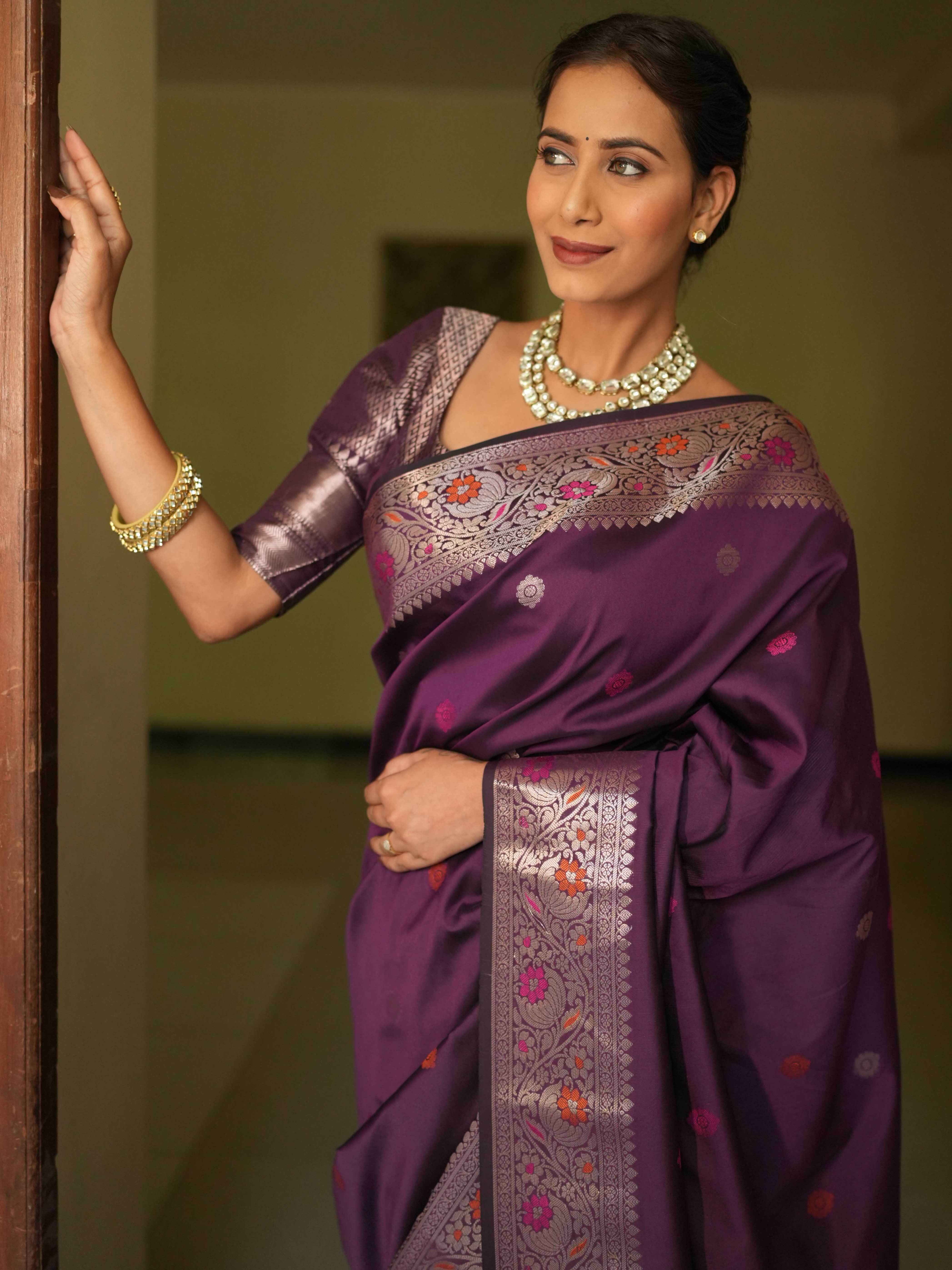 Banarasee Handwoven Semi Silk Saree With Zari Buti Design-Violet