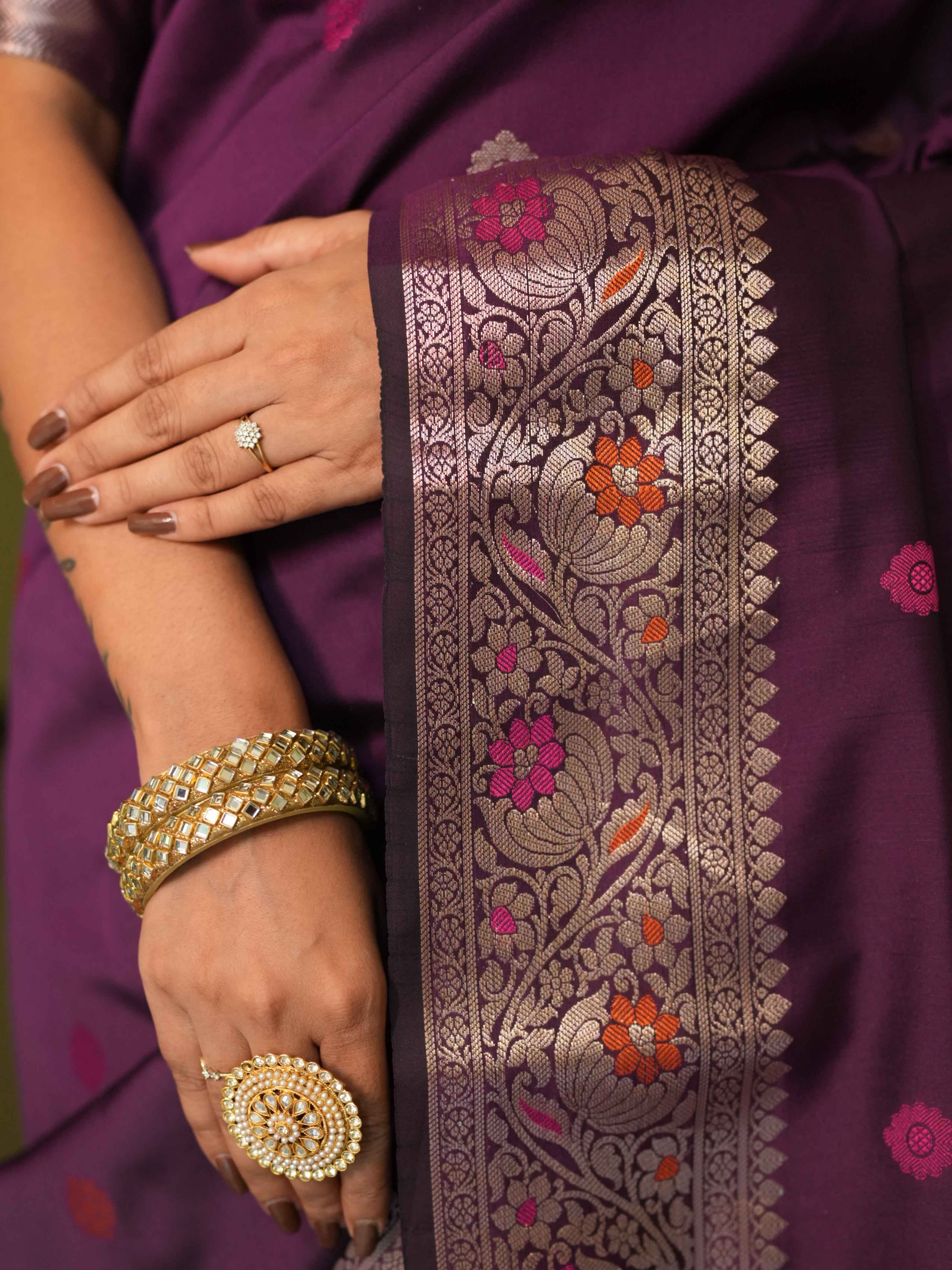 Banarasee Handwoven Semi Silk Saree With Zari Buti Design-Violet