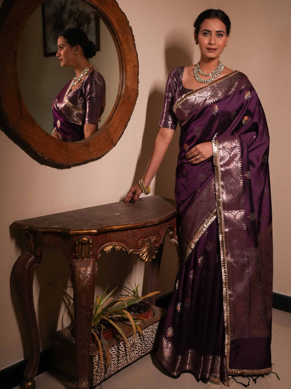 Banarasee Handwoven Semi Silk Saree With Zari Buti Design & Lace-Wine