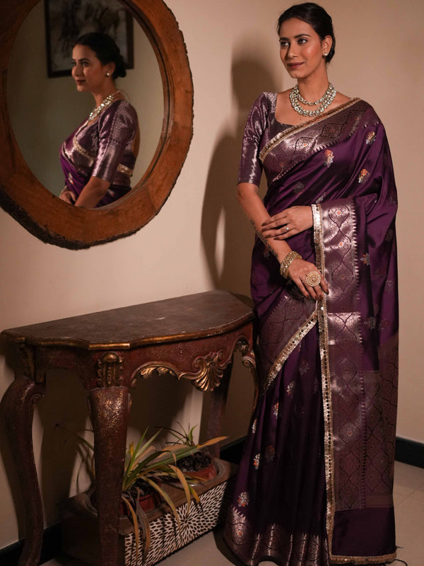 Banarasee Handwoven Semi Silk Saree With Zari Buti Design & Lace-Wine