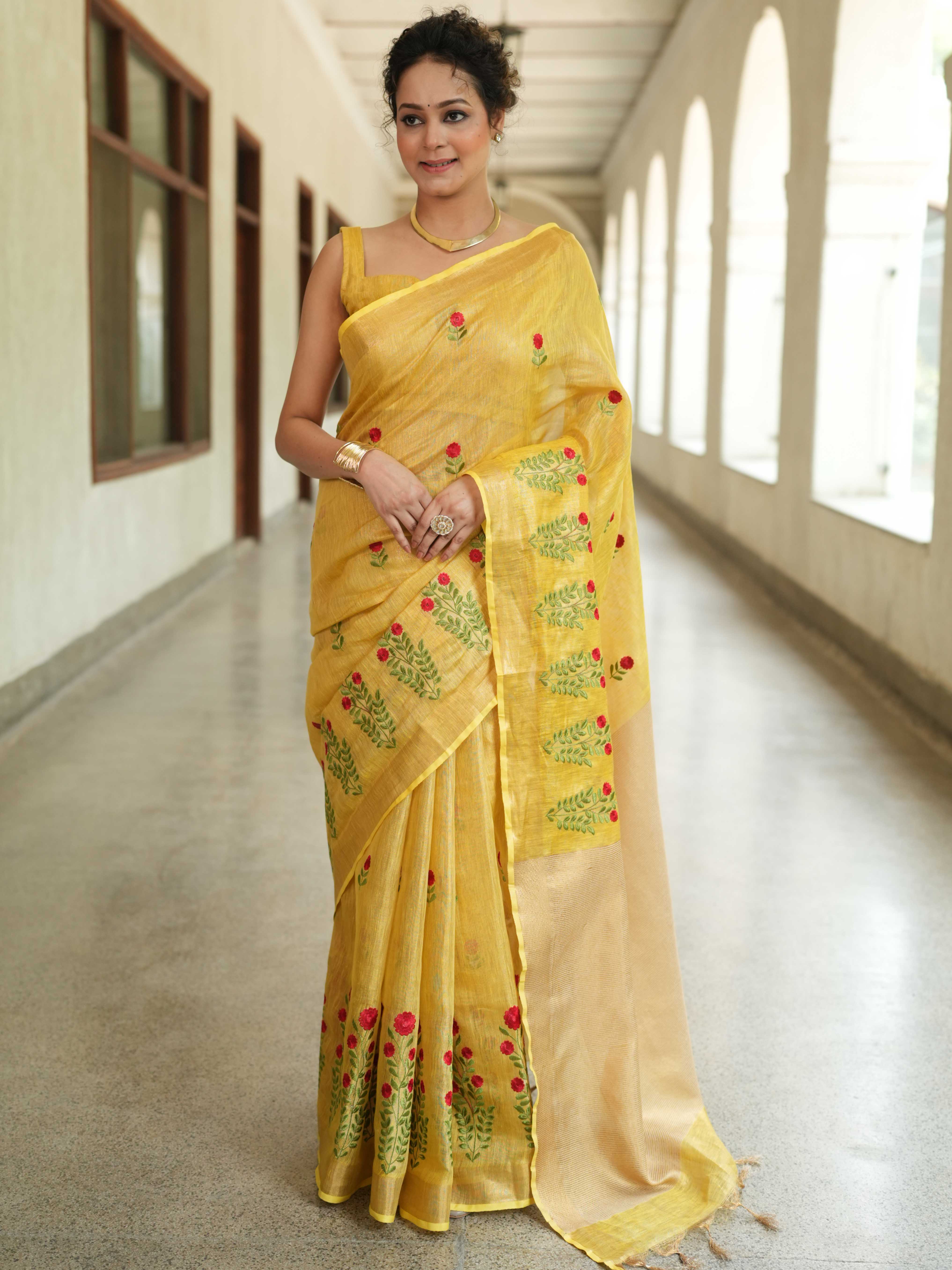 Bhagalpuri Handloom Linen Floral Embroidered Saree-Yellow