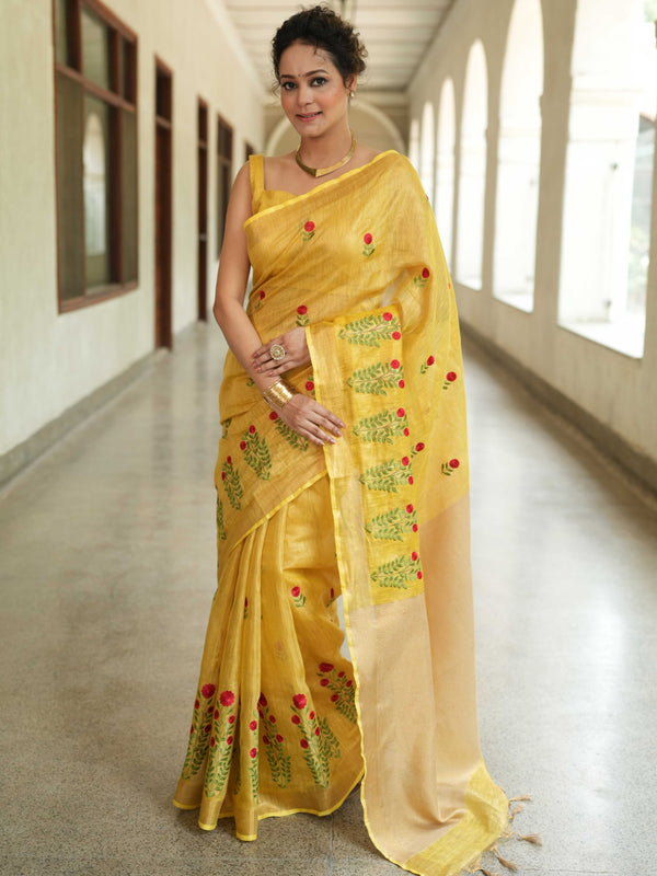 Bhagalpuri Handloom Linen Floral Embroidered Saree-Yellow