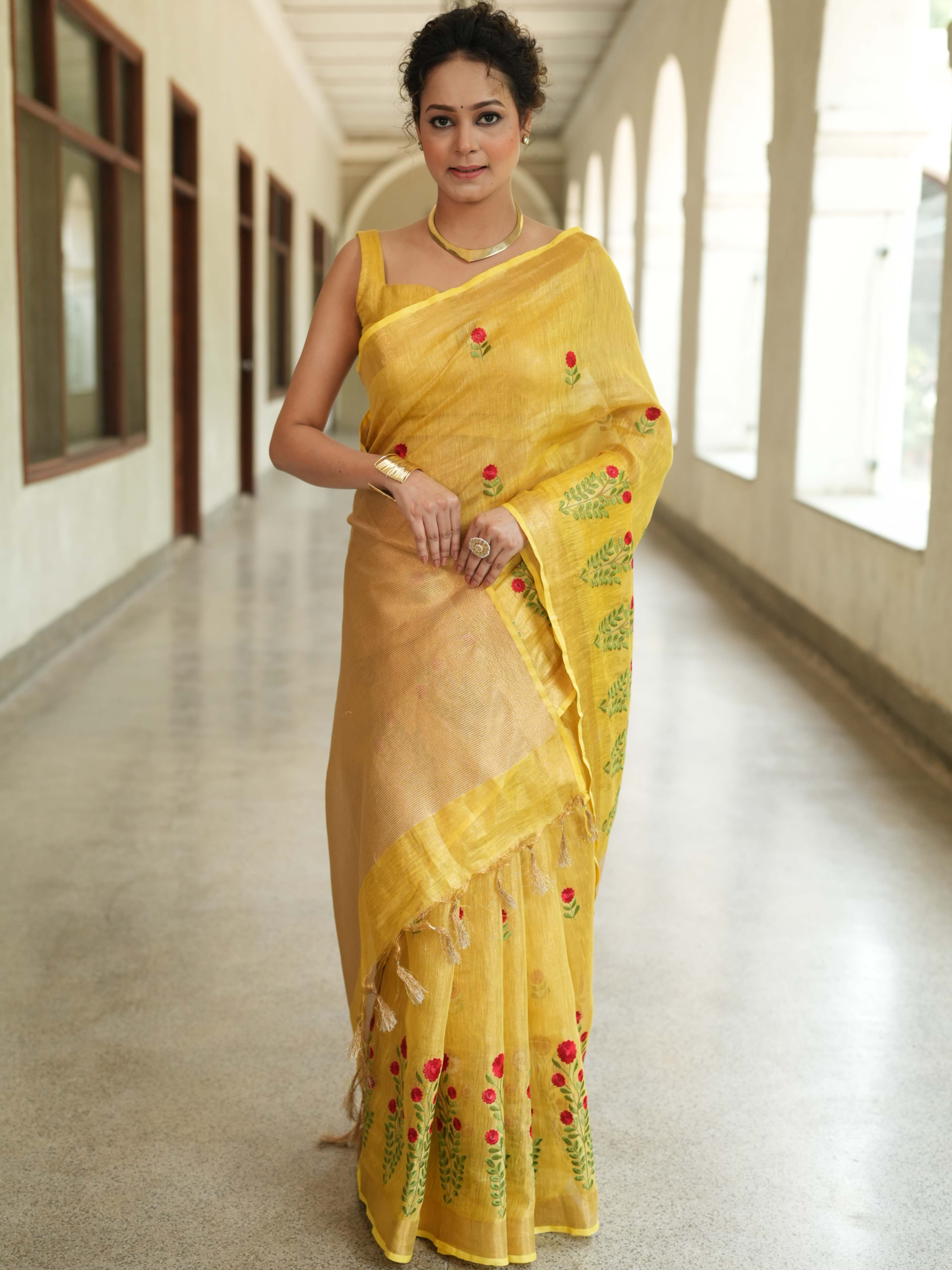 Bhagalpuri Handloom Linen Floral Embroidered Saree-Yellow