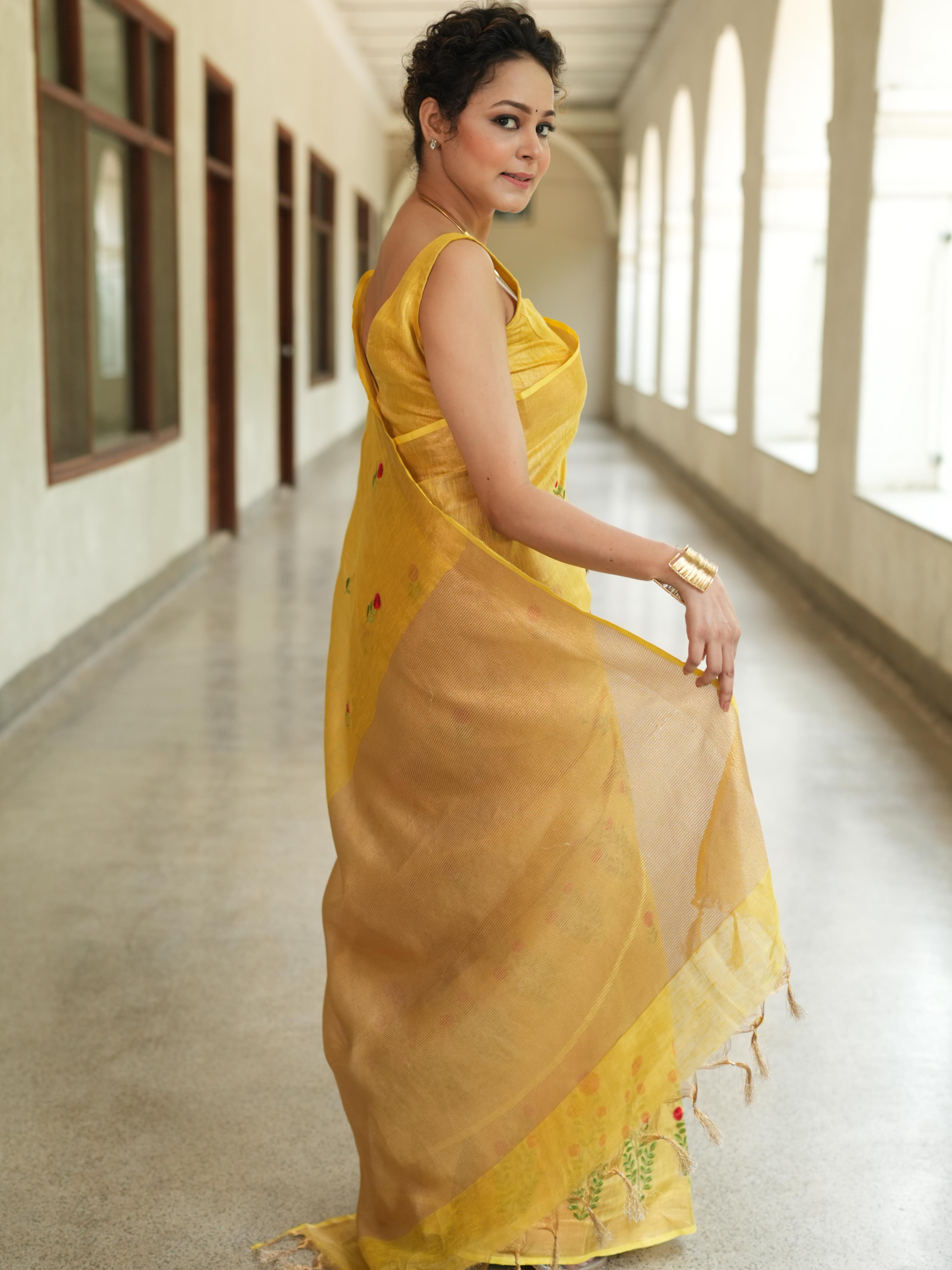 Bhagalpuri Handloom Linen Floral Embroidered Saree-Yellow