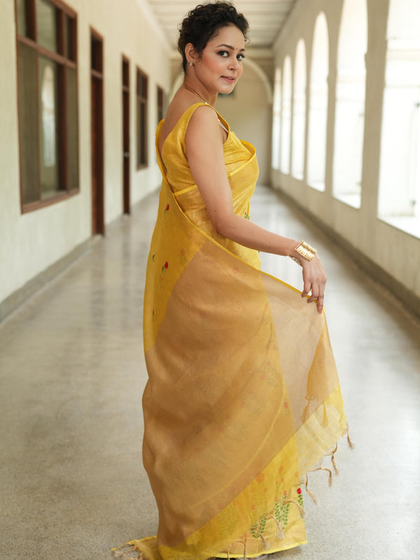 Bhagalpuri Handloom Linen Floral Embroidered Saree-Yellow
