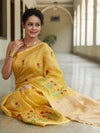 Bhagalpuri Handloom Linen Floral Embroidered Saree-Yellow
