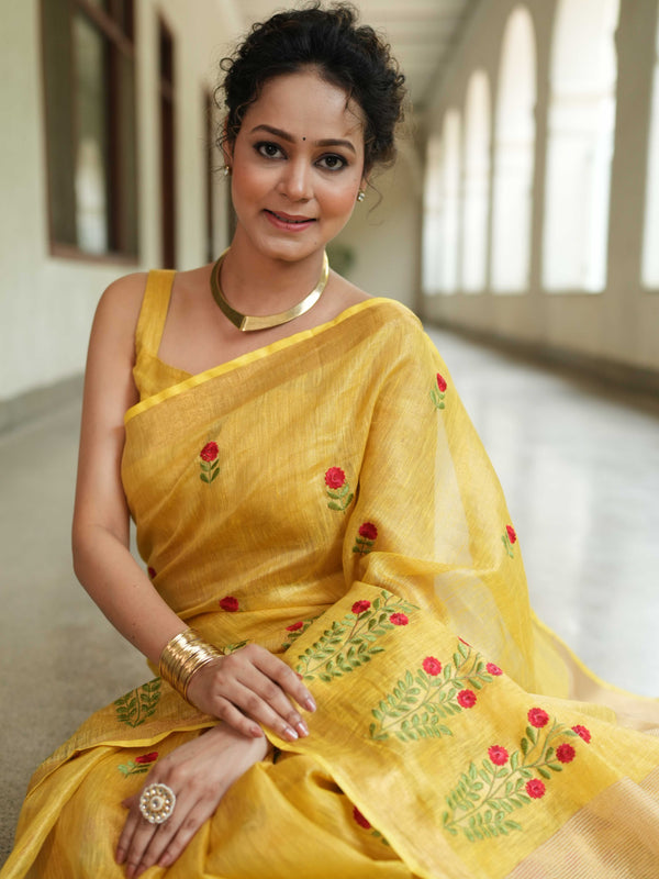 Bhagalpuri Handloom Linen Floral Embroidered Saree-Yellow
