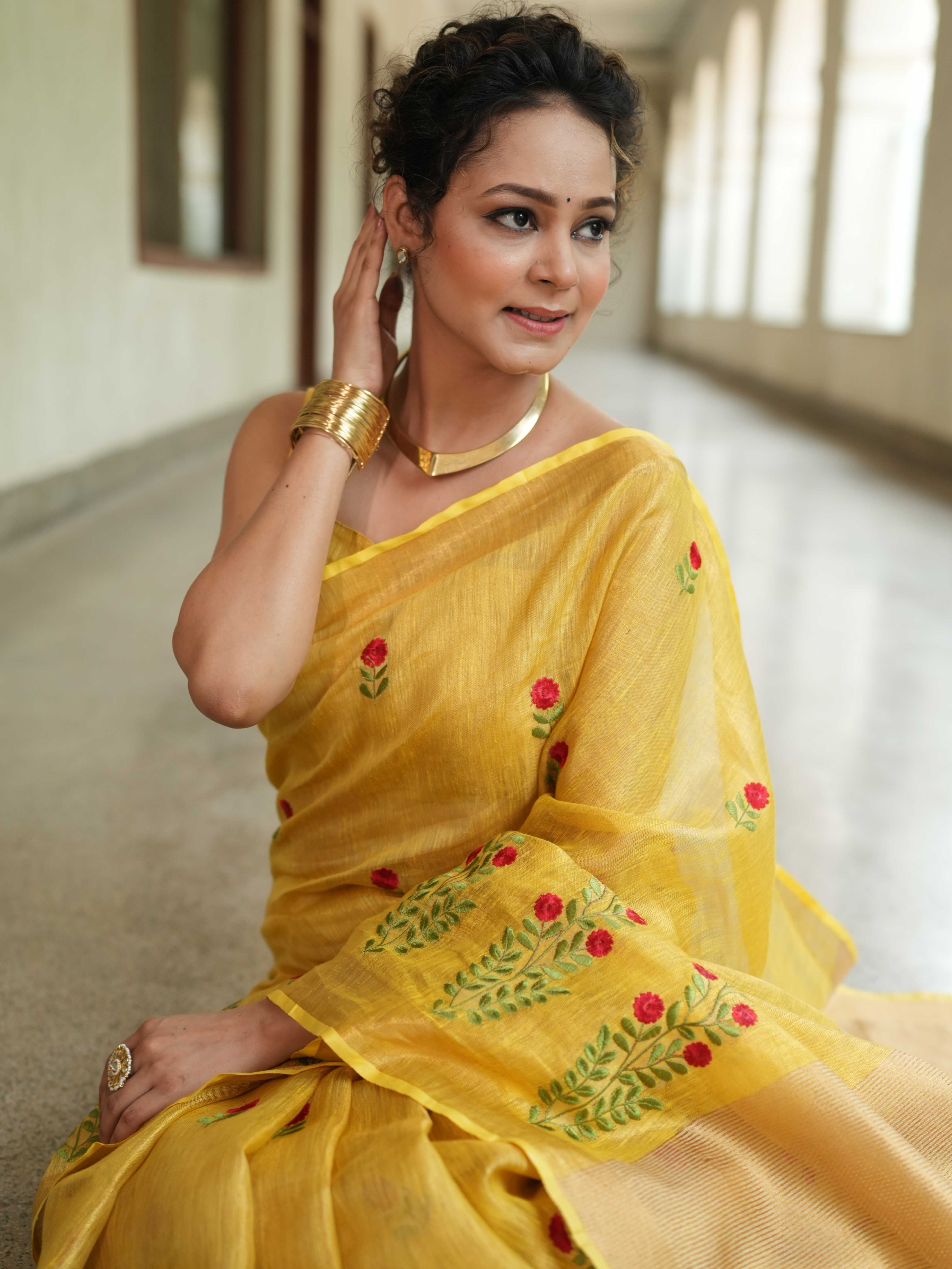 Bhagalpuri Handloom Linen Floral Embroidered Saree-Yellow