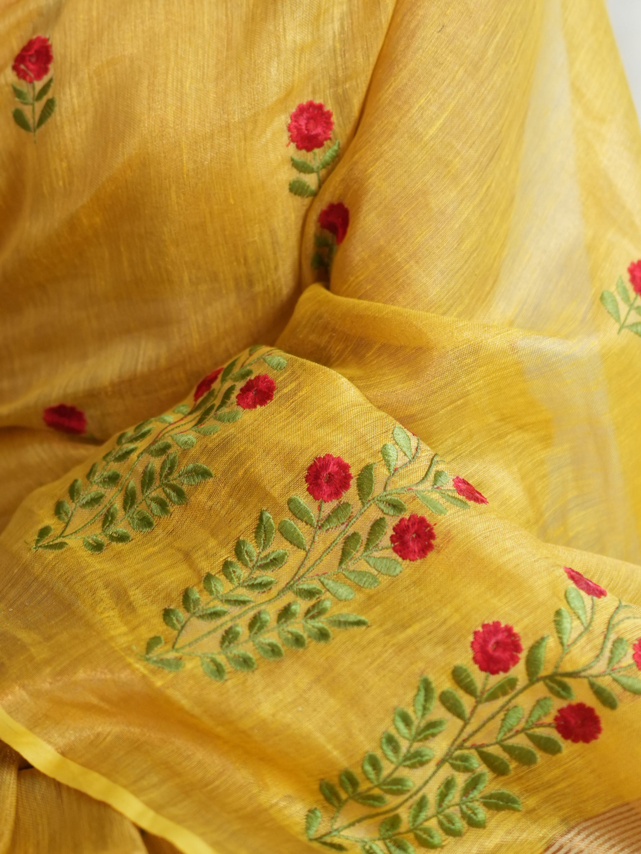 Bhagalpuri Handloom Linen Floral Embroidered Saree-Yellow