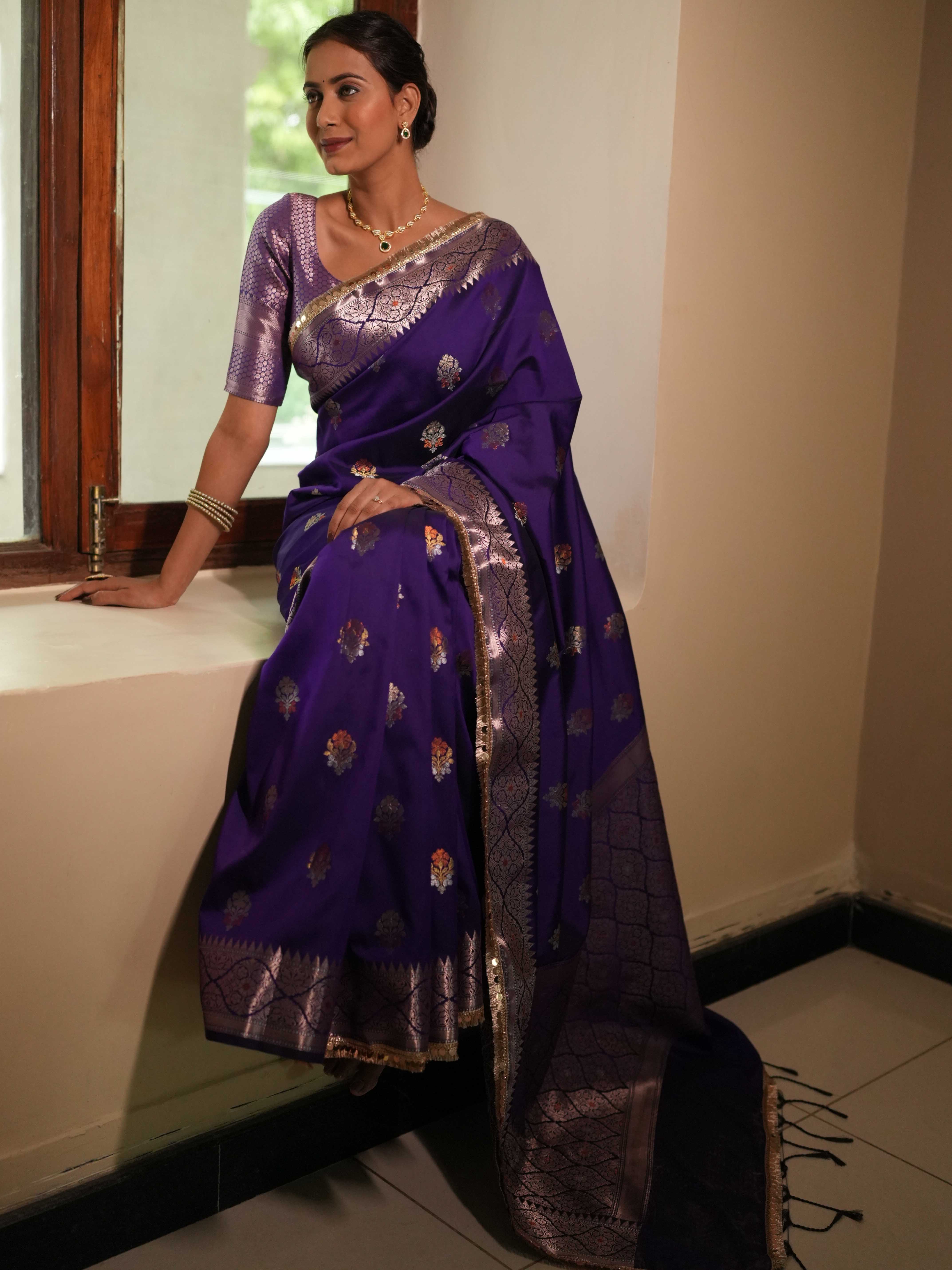 Banarasee Handwoven Semi Silk Saree With Zari Buti Design & Lace-Violet