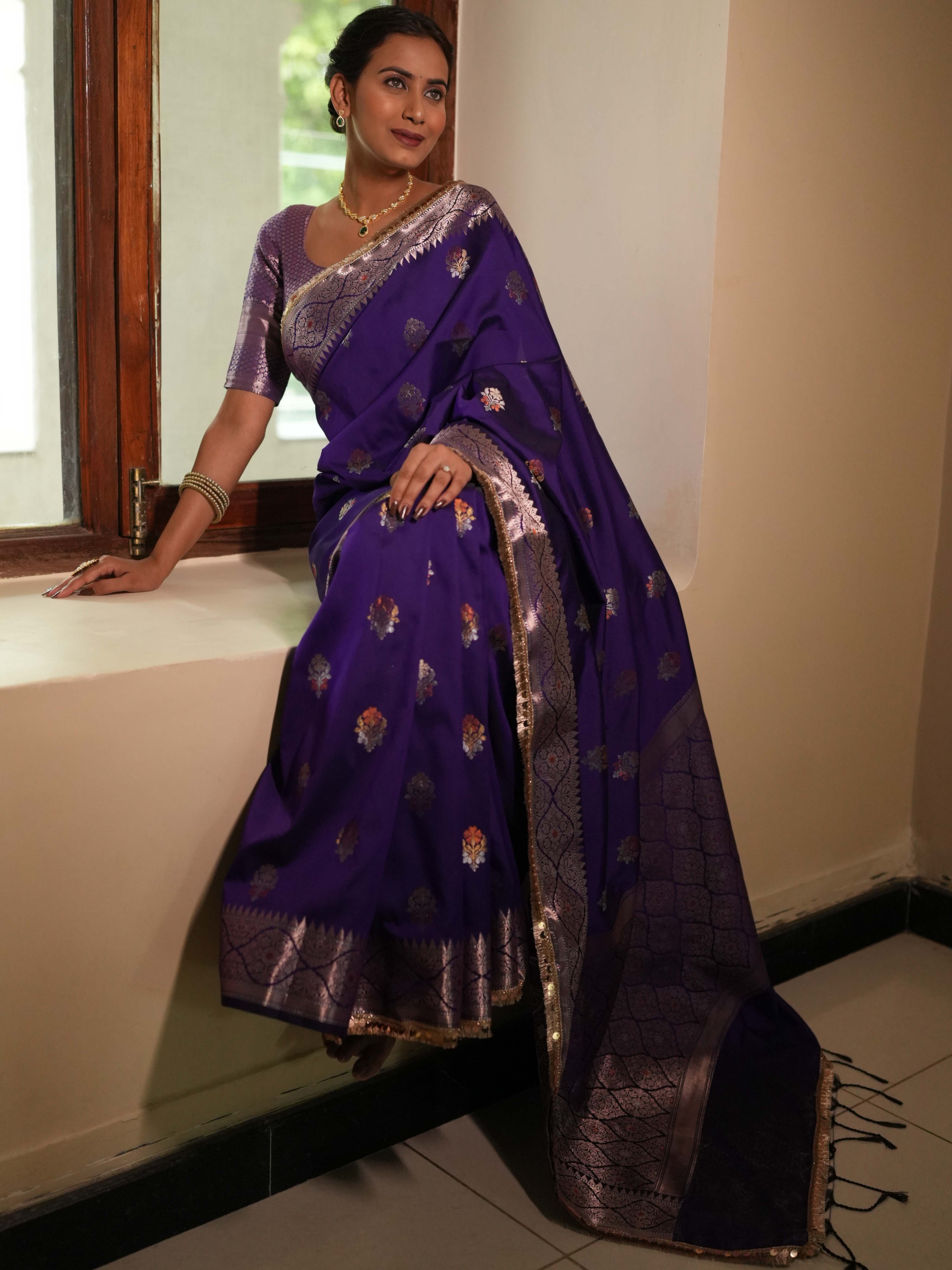 Banarasee Handwoven Semi Silk Saree With Zari Buti Design & Lace-Violet