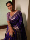 Banarasee Handwoven Semi Silk Saree With Zari Buti Design & Lace-Violet