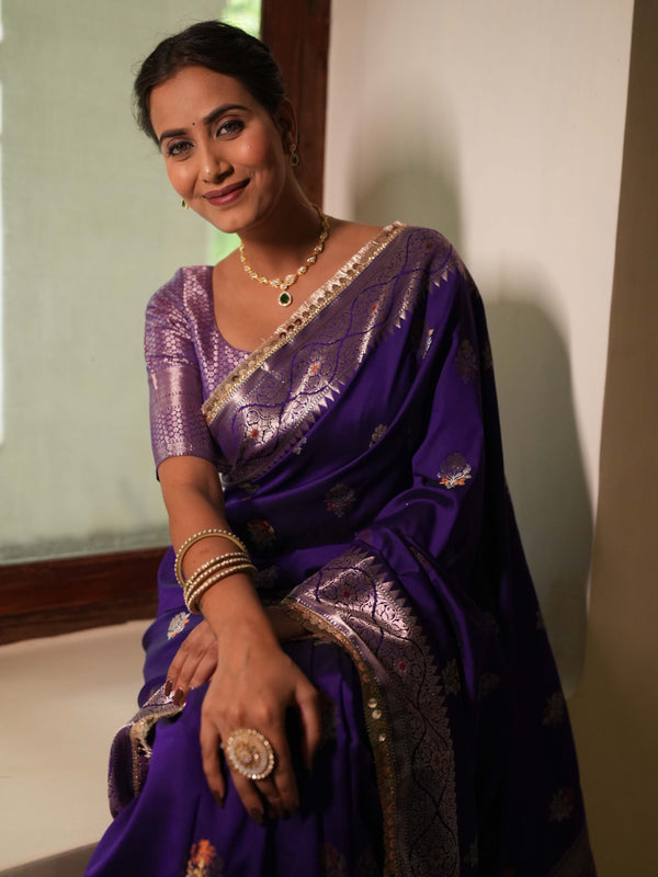 Banarasee Handwoven Semi Silk Saree With Zari Buti Design & Lace-Violet