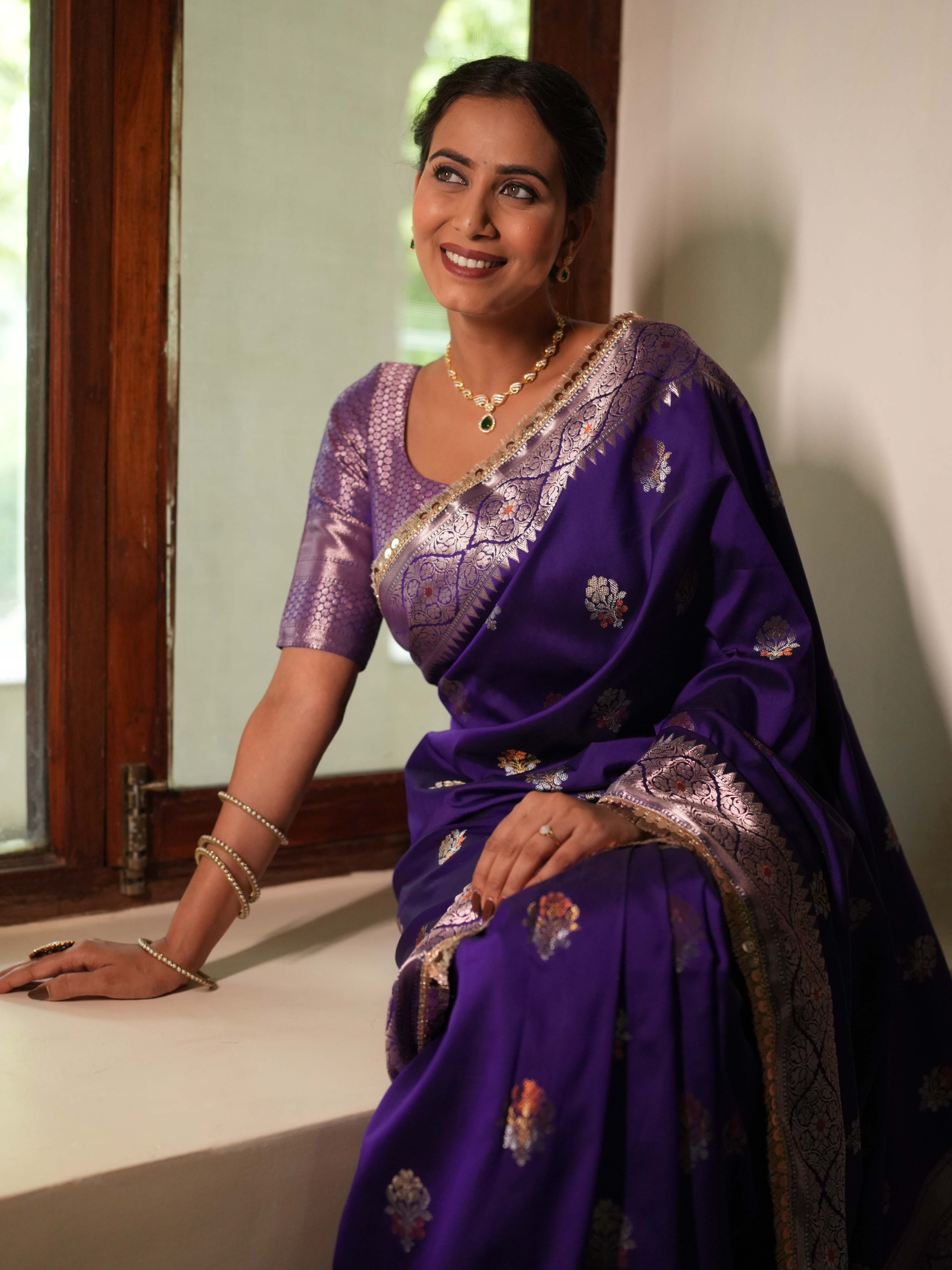 Banarasee Handwoven Semi Silk Saree With Zari Buti Design & Lace-Violet