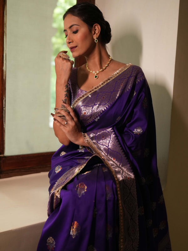 Banarasee Handwoven Semi Silk Saree With Zari Buti Design & Lace-Violet