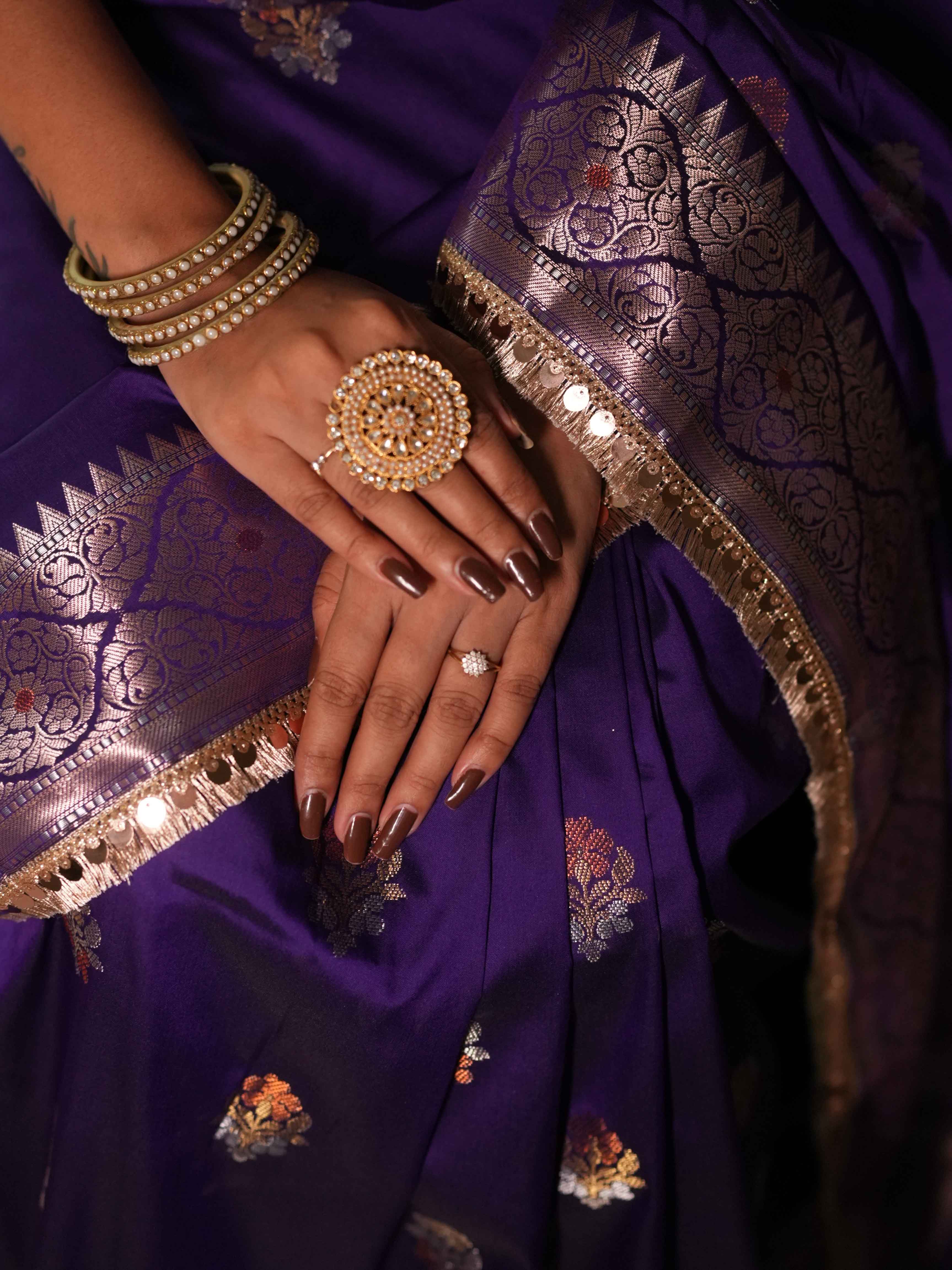 Banarasee Handwoven Semi Silk Saree With Zari Buti Design & Lace-Violet