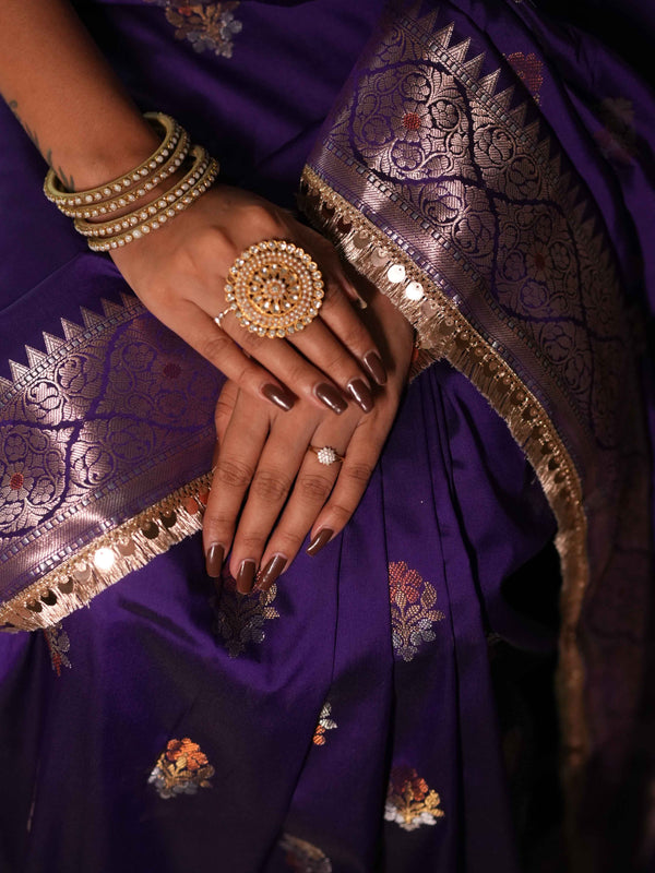 Banarasee Handwoven Semi Silk Saree With Zari Buti Design & Lace-Violet