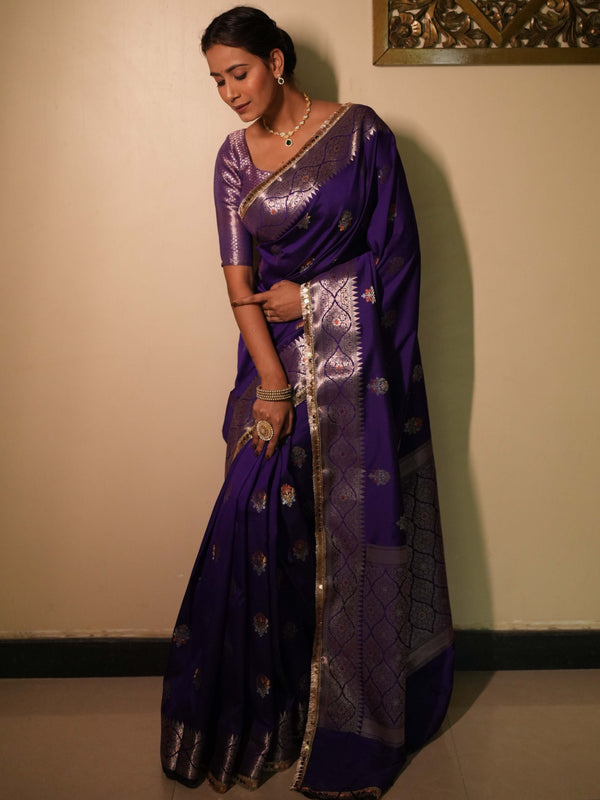 Banarasee Handwoven Semi Silk Saree With Zari Buti Design & Lace-Violet
