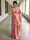 Banarasee Handloom Linen Saree With Mirror Work-Pink
