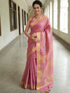 Banarasee Handloom Linen Saree With Mirror Work-Pink